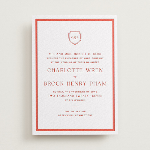 This is a verona sunset letterpress wedding invitations with letterpress by Megan Davis called racquet printing on white cotton in standard