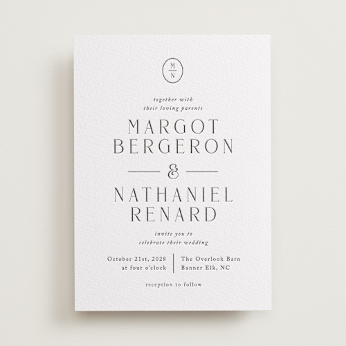 This is a soft black letterpress wedding invitations with letterpress by Olivia Raufman called minimalist monogram printing on somerset500 in standard