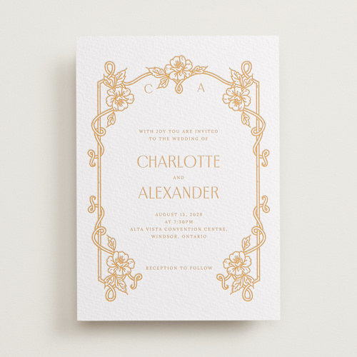 This is a saffron letterpress wedding invitations with letterpress by Selima Akhter called nouveau peony printing on white cotton in standard