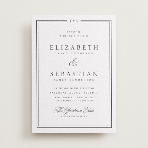 This is a soft black letterpress wedding invitations with letterpress by Nicole Walsh called classic frame printing on white cotton in standard