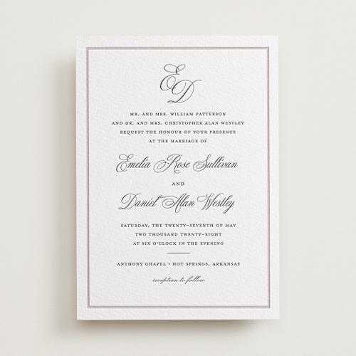 This is a soft black letterpress wedding invitations with letterpress by Melinda Denison called royal printing on white cotton in standard