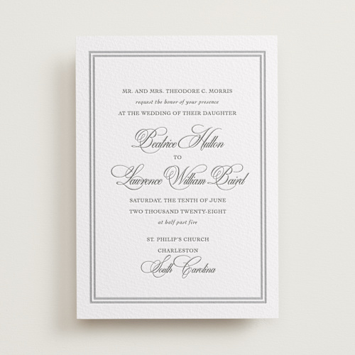 This is a charcoal letterpress wedding invitations with letterpress by Megan Davis called bradford printing on somerset500 in standard