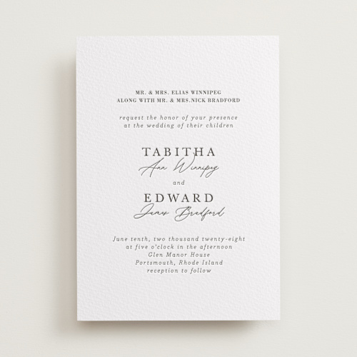 This is a soft black letterpress wedding invitations with letterpress by Tamara Hilje called modern classic printing on somerset500 in standard