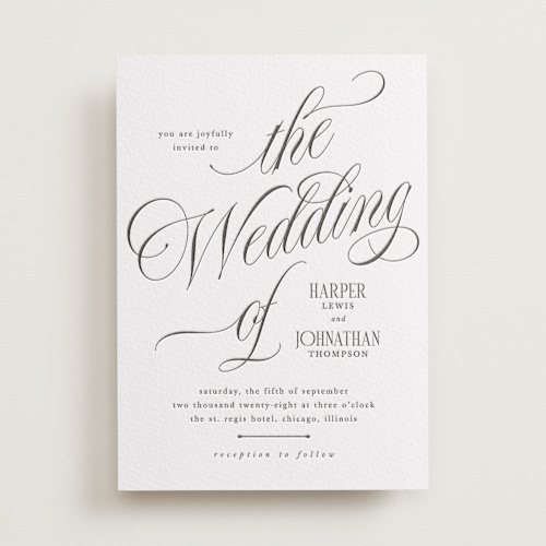 This is a soft black letterpress wedding invitations with letterpress by Kate Ahn called mirin printing on white cotton in standard