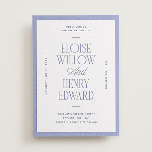 This is a periwinkle letterpress wedding invitations with letterpress by Pixel and Hank called threaded printing on somerset500 in standard