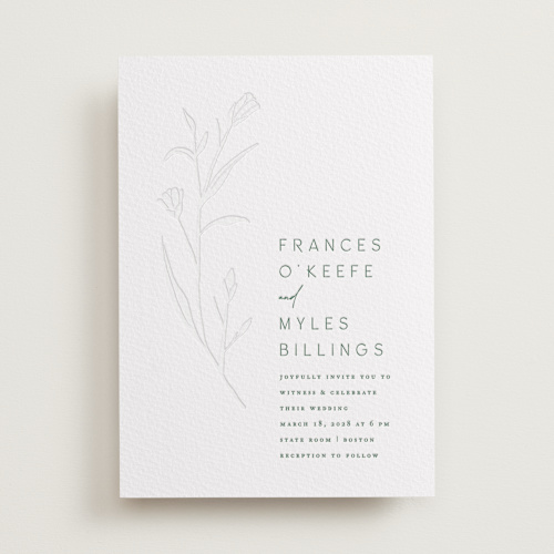 This is a evergreen letterpress wedding invitations with letterpress by Amy Kross called perennial printing on white cotton in standard