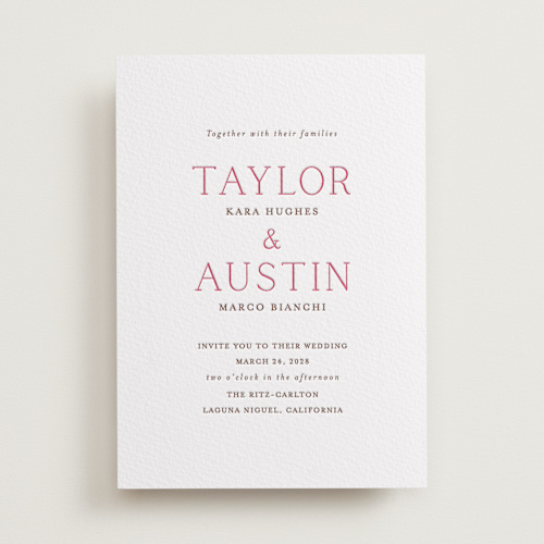 This is a azalea pink letterpress wedding invitations with letterpress by Vanessa Doyle called in love printing on somerset500 in standard
