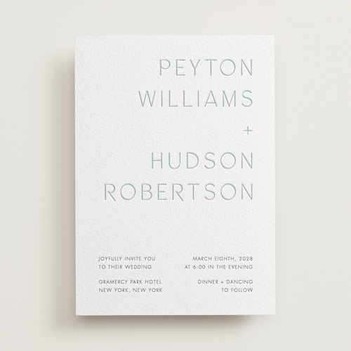 This is a turquoise letterpress wedding invitations with letterpress by Blustery August called juniper printing on somerset500 in standard