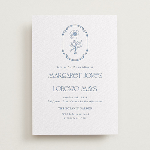 This is a provincial blue letterpress wedding invitations with letterpress by Baumbirdy called flora arch printing on somerset500 in standard