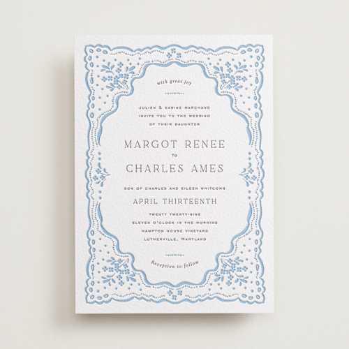 This is a robin's egg letterpress wedding invitations with letterpress by Erin L. Wilson called margot printing on white cotton in standard