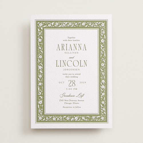 This is a olive letterpress wedding invitations with letterpress by Robert and Stella called darcy printing on white cotton in standard