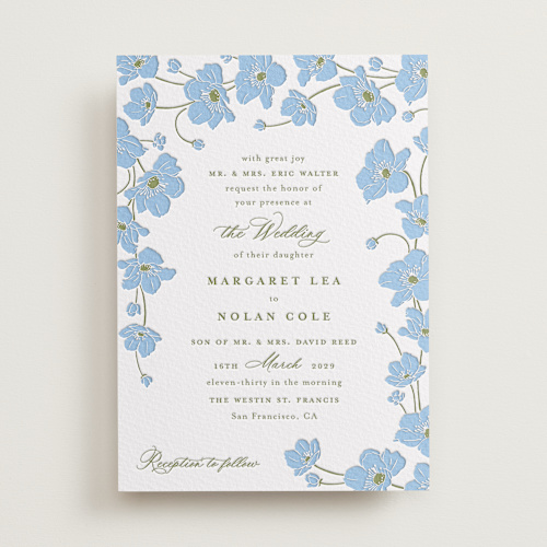 This is a sky blue letterpress wedding invitations with letterpress by letterfix called anemones printing on somerset500 in standard