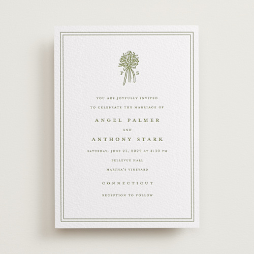 This is a pistachio letterpress wedding invitations with letterpress by Lori Wemple called wedding bouquet printing on somerset500 in standard