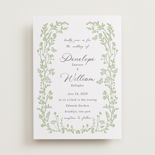 This is a tea green letterpress wedding invitations with letterpress by Susan Moyal called flower garden printing on somerset500 in standard