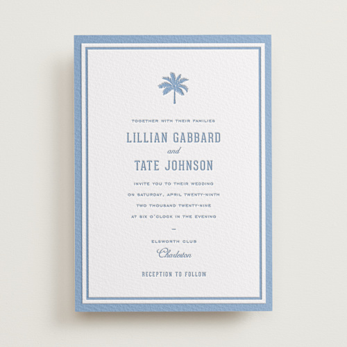 This is a provincial blue letterpress wedding invitations with letterpress by Sara Hicks Malone called preston printing on somerset500 in standard