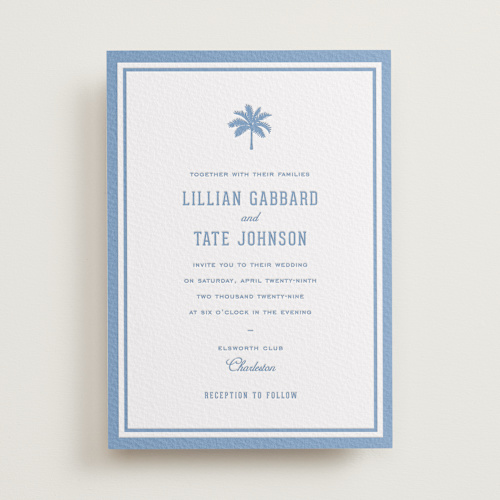 This is a pacific blue letterpress wedding invitations with letterpress by Sara Hicks Malone called preston printing on white cotton in standard