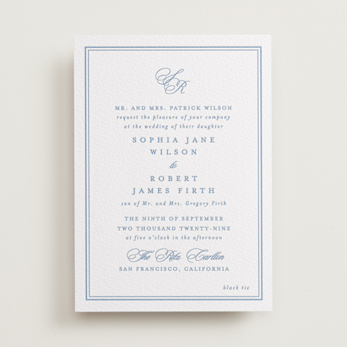 This is a pacific blue letterpress wedding invitations with letterpress by Creo Study called posh printing on white cotton in standard