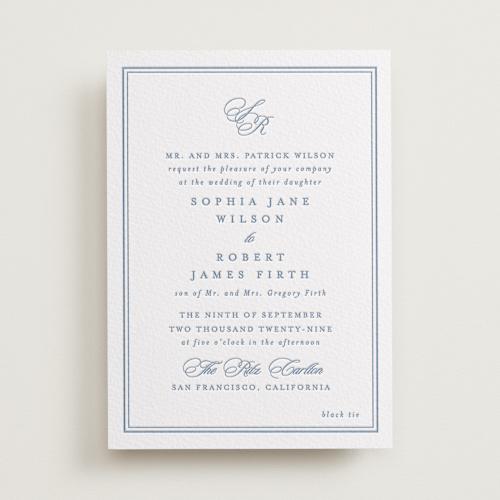 This is a provincial blue letterpress wedding invitations with letterpress by Creo Study called posh printing on somerset500 in standard