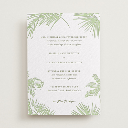 This is a honeydew letterpress wedding invitations with letterpress by Lucrecia Caporale called shoreline elegance printing on white cotton in standard