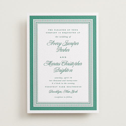 This is a cucumber letterpress wedding invitations with letterpress by Kelly Watkins called archer printing on somerset500 in standard