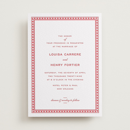 This is a scarlet letterpress wedding invitations with letterpress by Megan Davis called larkin printing on somerset500 in standard