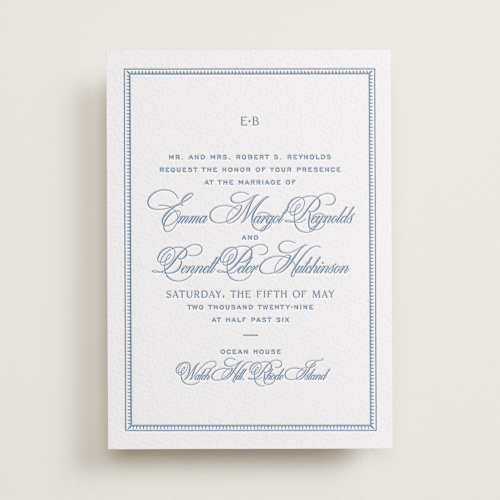 This is a provincial blue letterpress wedding invitations with letterpress by Megan Davis called maison printing on somerset500 in standard