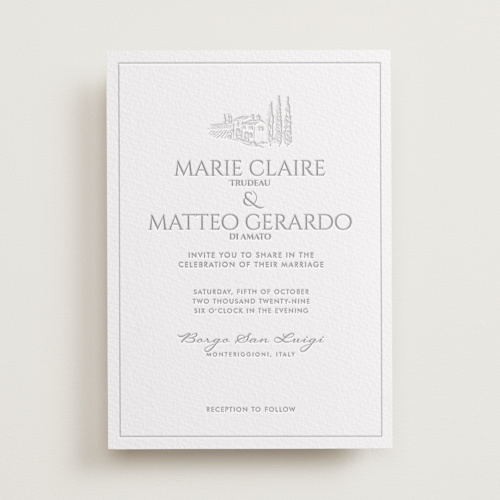 This is a matte silver letterpress wedding invitations with letterpress by MG Patternbox called vigneto printing on somerset500 in standard