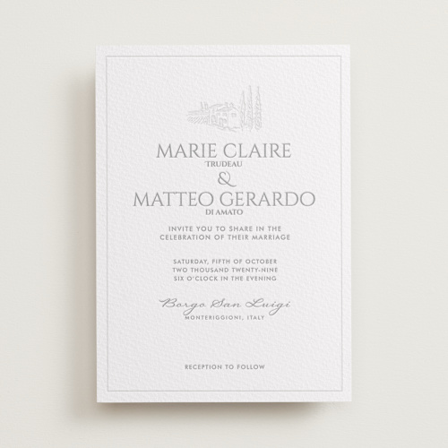 This is a granite letterpress wedding invitations with letterpress by MG Patternbox called vigneto printing on white cotton in standard