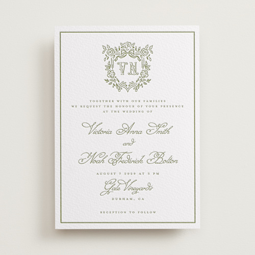 This is a pistachio letterpress wedding invitations with letterpress by Petra Kern called crestino printing on somerset500 in standard