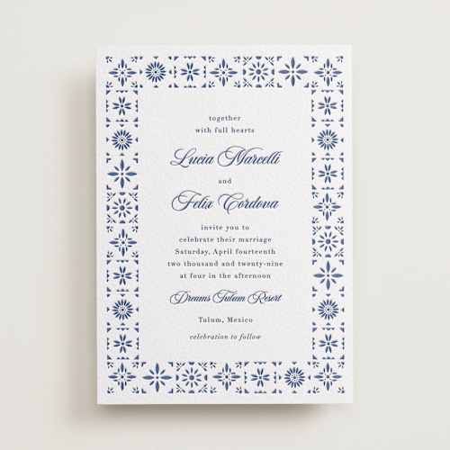 This is a lapis letterpress wedding invitations with letterpress by Olivia Raufman called talavera tiles printing on white cotton in standard