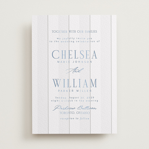 This is a provincial blue letterpress wedding invitations with letterpress by Nicole Walsh called subtle stripes printing on somerset500 in standard