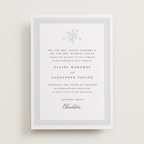This is a graphite letterpress wedding invitations with letterpress by Creo Study called heirloom printing on somerset500 in standard