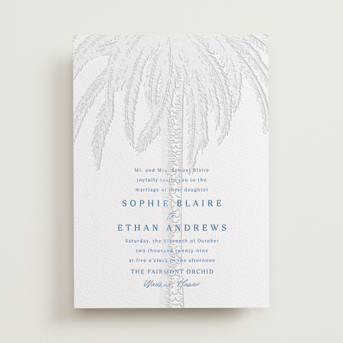 This is a sapphire letterpress wedding invitations with letterpress by Kaydi Bishop called palm tree printing on somerset500 in standard