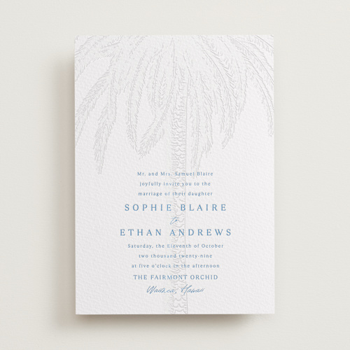 This is a marine blue letterpress wedding invitations with letterpress by Kaydi Bishop called palm tree printing on white cotton in standard