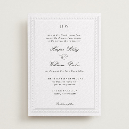 This is a soft black letterpress wedding invitations with letterpress by Jenna Holcomb called the ritz printing on white cotton in standard
