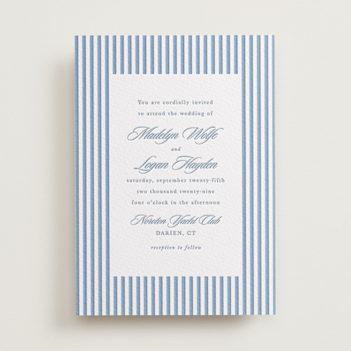 This is a provincial blue letterpress wedding invitations with letterpress by Morgan Kendall called catamaran printing on somerset500 in standard