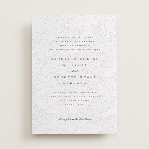 This is a soft black letterpress wedding invitations with letterpress by Erin L. Wilson called subtle marble printing on white cotton in standard