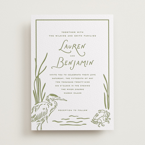 This is a olive letterpress wedding invitations with letterpress by Oscar and Emma - Karly Depew called marshland printing on white cotton in standard
