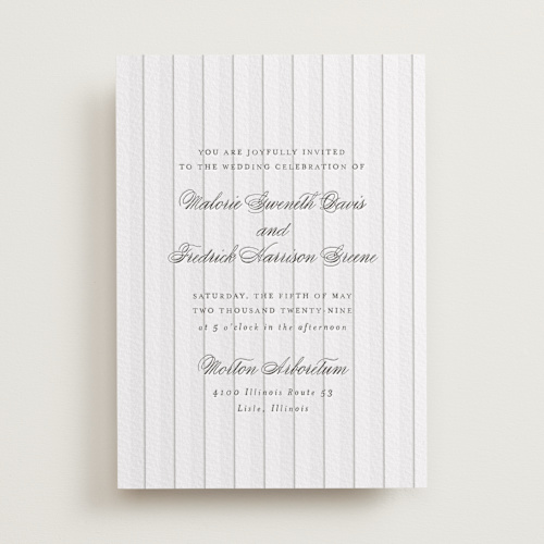 This is a soft black letterpress wedding invitations with letterpress by Baumbirdy called striped printing on somerset500 in standard