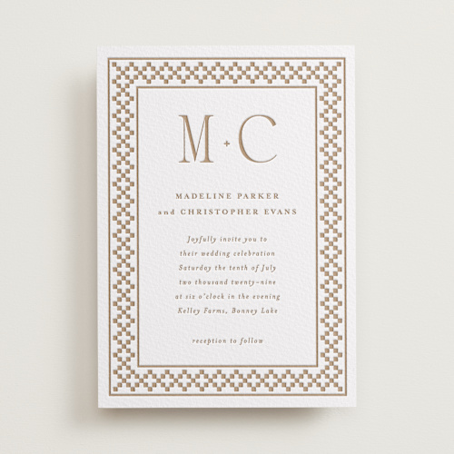 This is a matte gold letterpress wedding invitations with letterpress by Angela Garrick called parker printing on somerset500 in standard