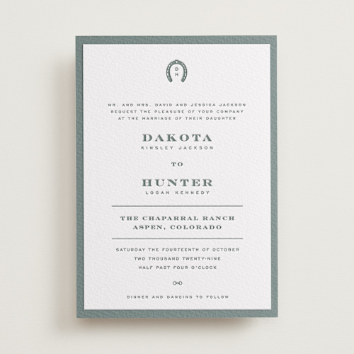 This is a stone letterpress wedding invitations with letterpress by Jenna Holcomb called the ranch printing on somerset500 in standard