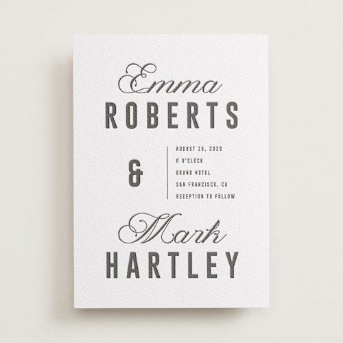 This is a soft black letterpress wedding invitations with letterpress by Sumak Studio called bold & elegant printing on somerset500 in standard