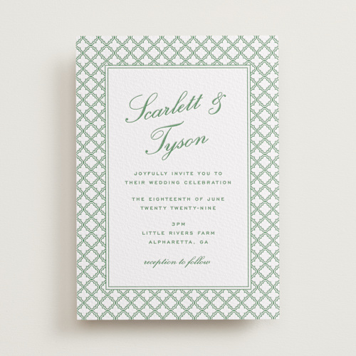 This is a fern letterpress wedding invitations with letterpress by Angela Garrick called garden trellis printing on white cotton in standard