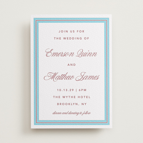 This is a maraschino letterpress wedding invitations with letterpress by Kelly Watkins called charm printing on white cotton in standard