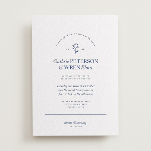 This is a lapis letterpress wedding invitations with letterpress by Bramble Studio called bluebell dinner printing on white cotton in standard