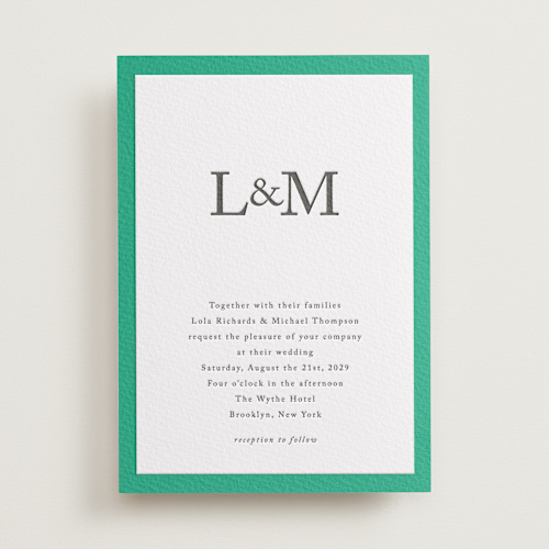 This is a soft black letterpress wedding invitations with letterpress by mo kelley called classic initials printing on somerset500 in standard