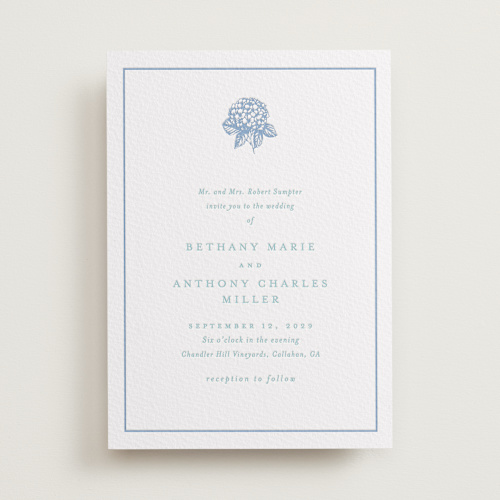 This is a robin's egg letterpress wedding invitations with letterpress by Stacey Meacham called hydrangea bloom printing on white cotton in standard