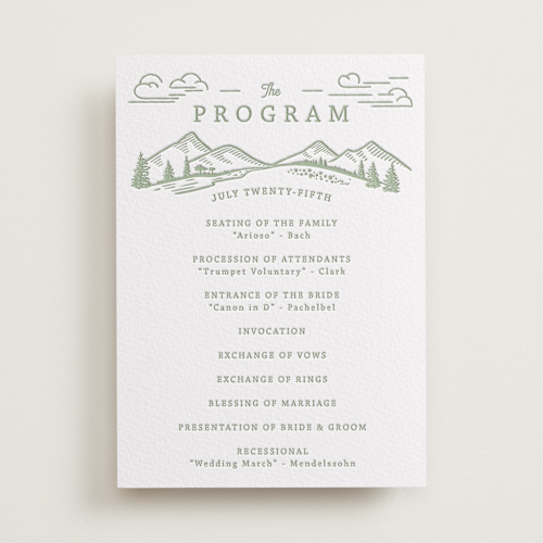 This is a mint unique wedding programs with letterpress by Paper Sun Studio called on the horizon printing on somerset500 in standard