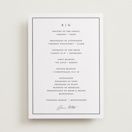 This is a soft black unique wedding programs with letterpress by Stacey Meacham called heritage printing on somerset500 in standard