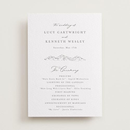 This is a graphite unique wedding programs with letterpress by Sarah Brown called mountainview printing on somerset500 in standard